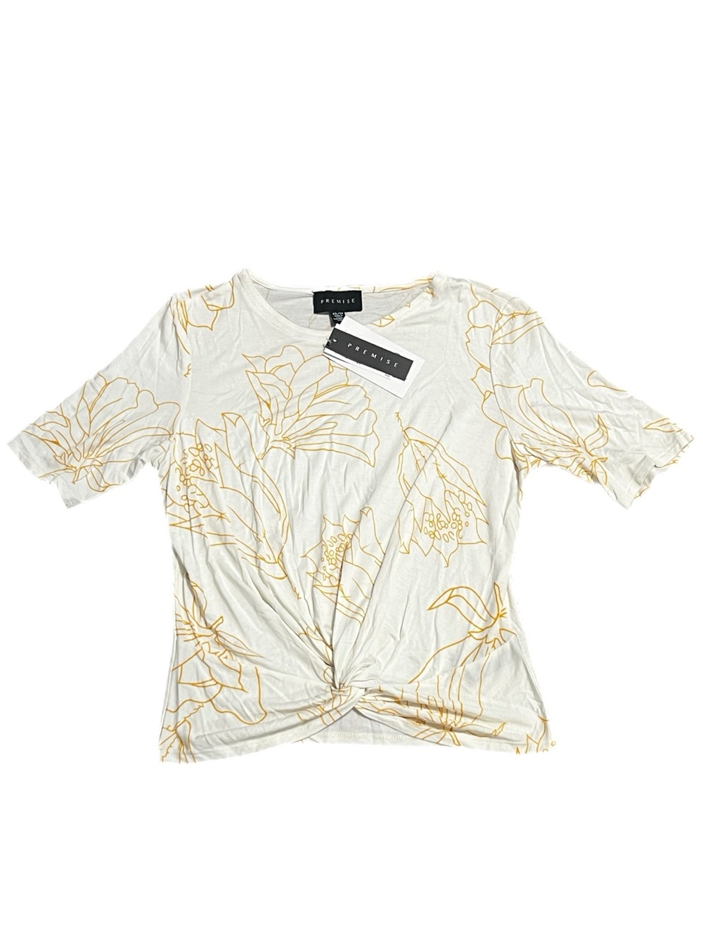 NWT Premise White Tee with Mustard Gold Floral Twist Front